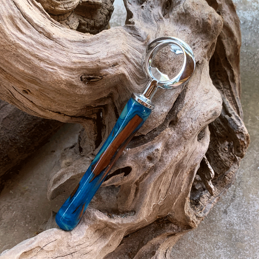 Driftwood and blue resin bottle opener