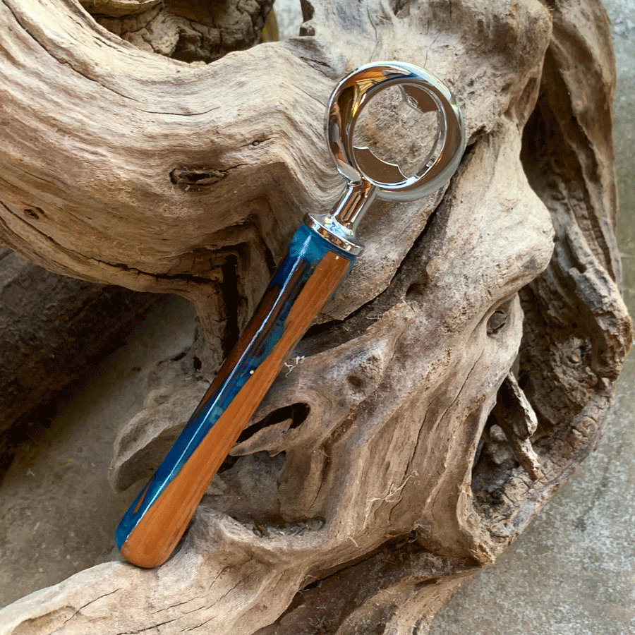 Driftwood and blue resin bottle opener