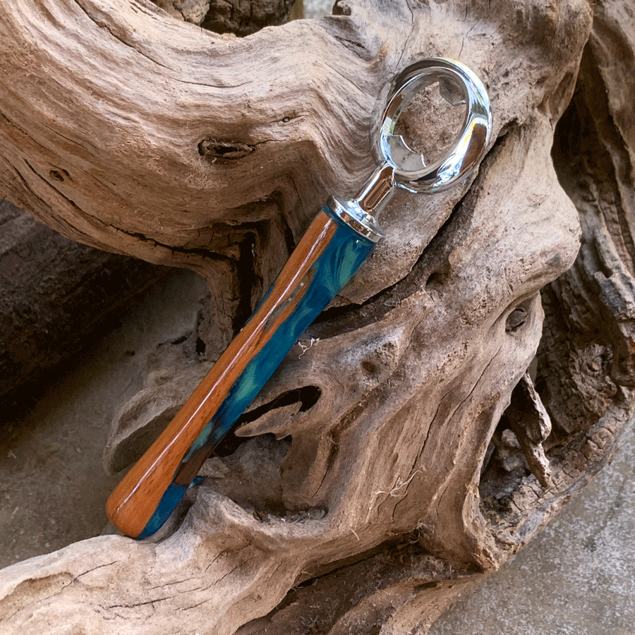 Driftwood and blue resin bottle opener