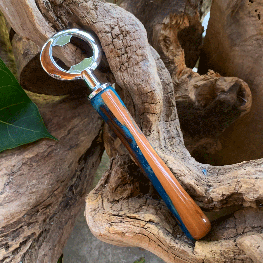 Driftwood and blue resin bottle opener