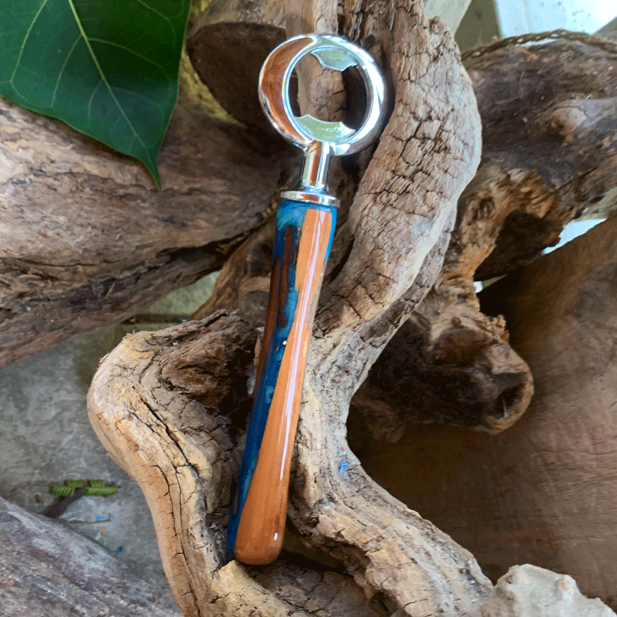 Driftwood and blue resin bottle opener