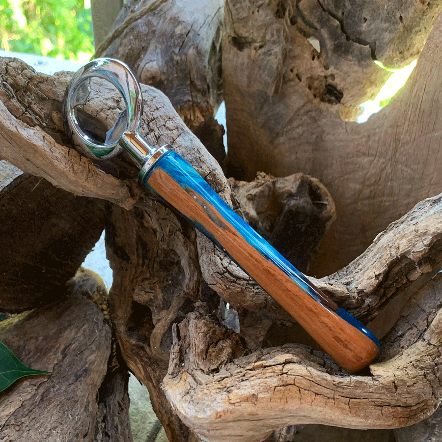 Driftwood and blue resin bottle opener