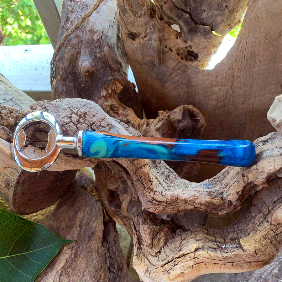 Driftwood and blue resin bottle opener