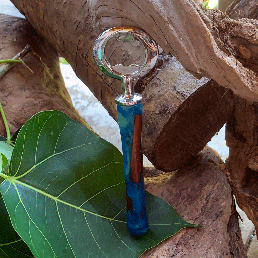 Driftwood and blue resin bottle opener