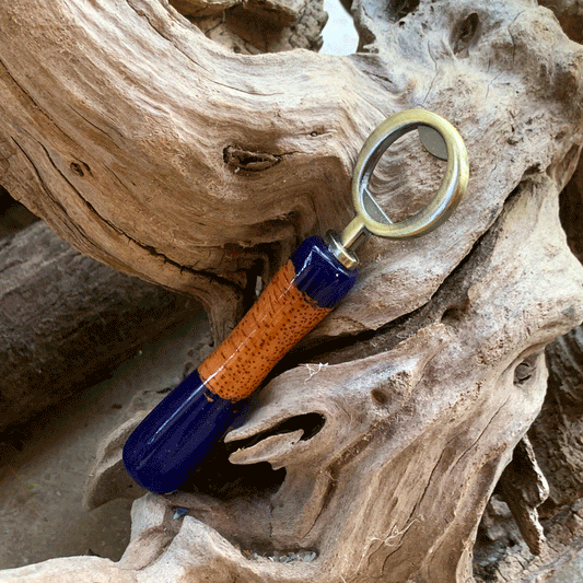 Driftwood and blue resin bottle opener