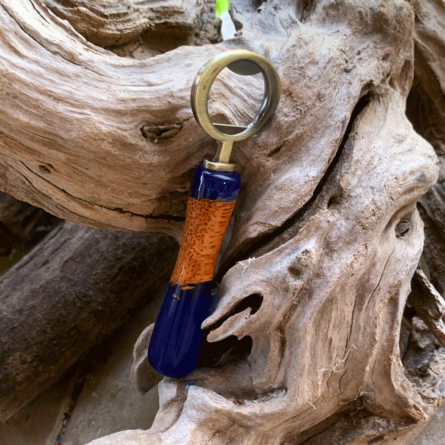 Driftwood and blue resin bottle opener