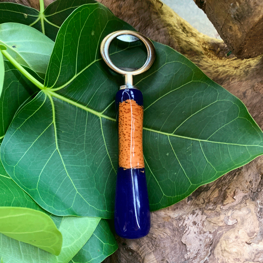 Driftwood and blue resin bottle opener