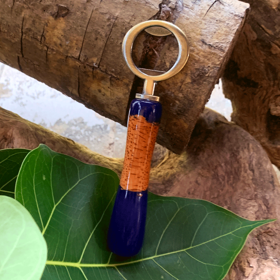 Driftwood and blue resin bottle opener